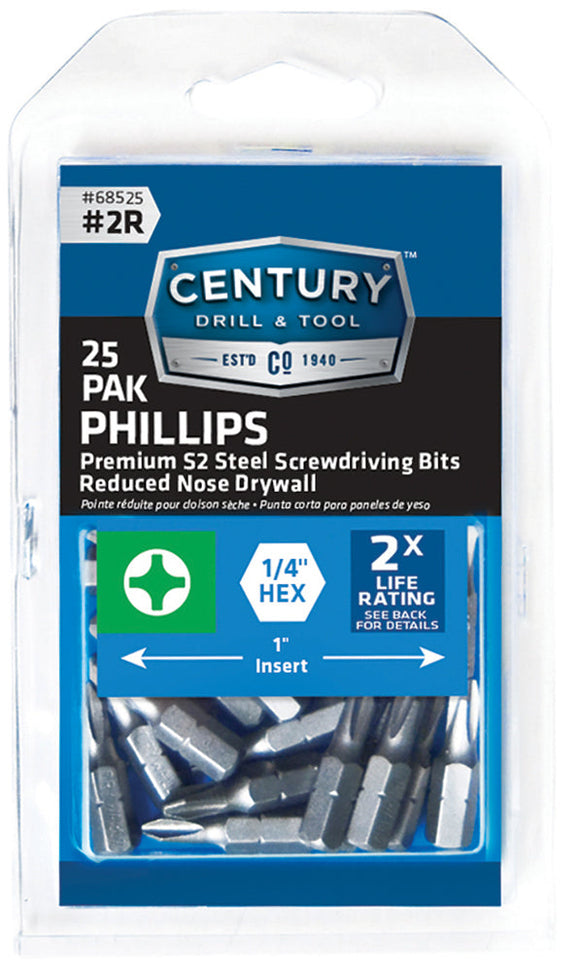 Century Drill And Tool Drywall Screwdriver Bit #2r Insert 1″ S2 Steel 25 Pack (#2R X 1″)