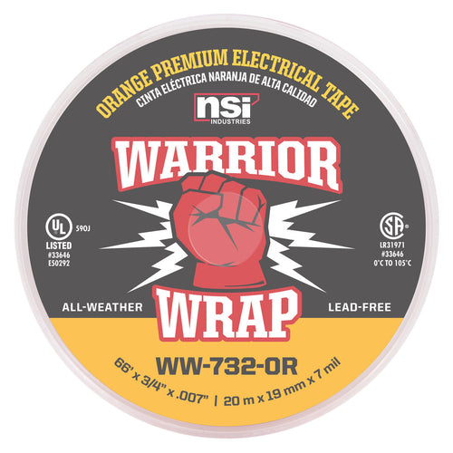 NSI Industries WW-732-OR WarriorWrap Premium 3/4 in. x 66 ft. 7 mil Vinyl Large Electrical Tape, Orange