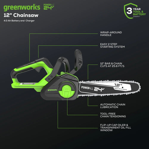 Greenworks 24V Cordless Battery Chainsaw w/ 4.0Ah USB Battery & Charger