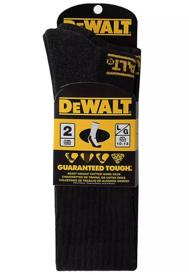 DeWALT Men's Heavyweight Cotton Crew Work Socks (2 Pack Black)