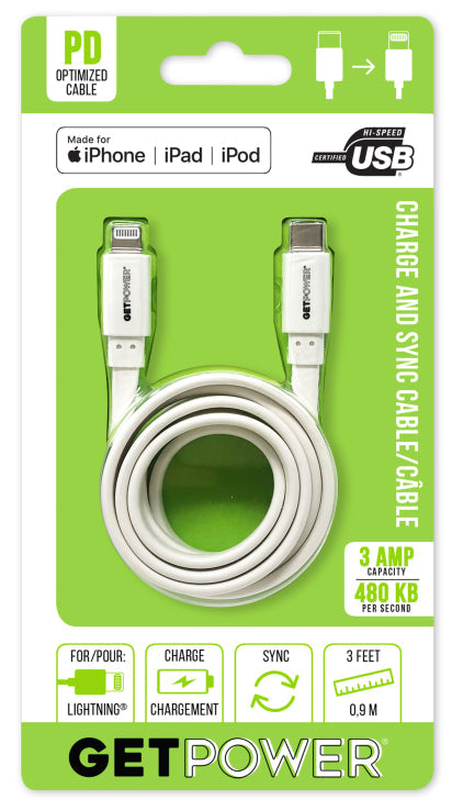 GetPower® 3ft. Certified Apple® Lightning® to USB-C™ PD Optimized 3Amp Charge/Sync Cable (3')