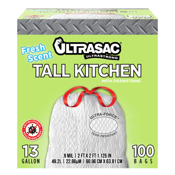 Ultrasac 13 Gallon 0.9 MIL Fresh Scent White Drawstring Tall Kitchen Trash Bags (13 Gallon)