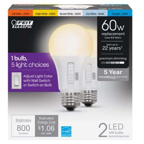 Feit Electric A19 LED Light Bulb, 60W Equivalent, Dimmable, Color Selectable 6-Way, 5CCT, E26 Medium Base, 90 CRI, 800 Lumens, 22-Year Lifetime, Damp Rated Lightbulb OM60DM/6WYCA/2