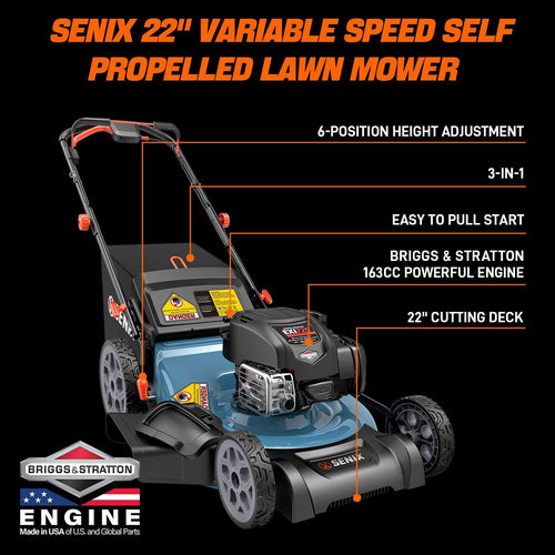 Senix 22 163cc Gas Self-Propelled Lawn Mower, 3-in-1