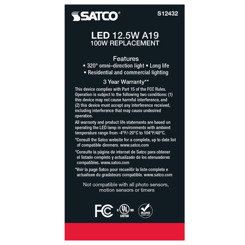Satco Products S12432 12.5A19/CL/LED/E26/950/120V