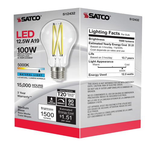 Satco Products S12432 12.5A19/CL/LED/E26/950/120V