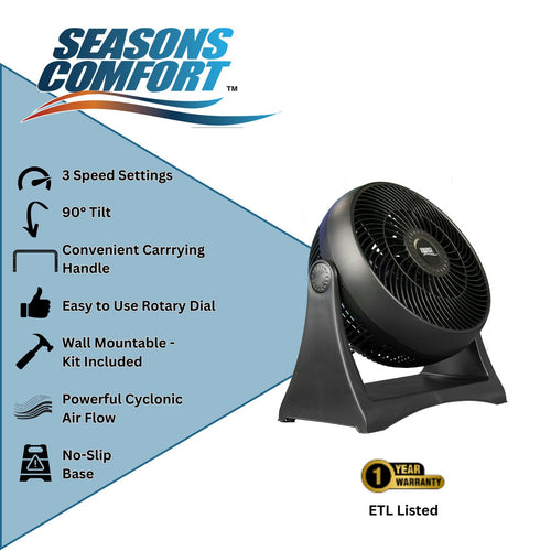 Seasons Comfort 8 Inch Turbo Fan, 3-Speed, Portable, Wall Mountable - FTB8
