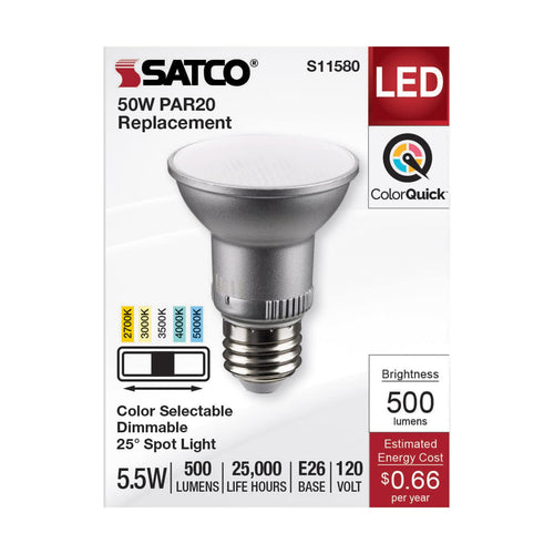 Satco S11580 5.5 Watt PAR20 LED Medium Base Silver Finish CCT Selectable 120 Volt