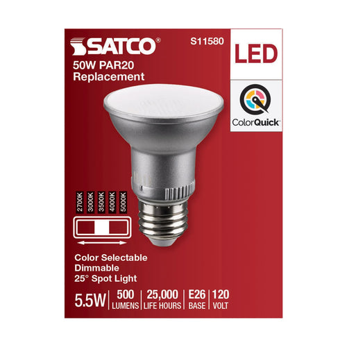 Satco S11580 5.5 Watt PAR20 LED Medium Base Silver Finish CCT Selectable 120 Volt