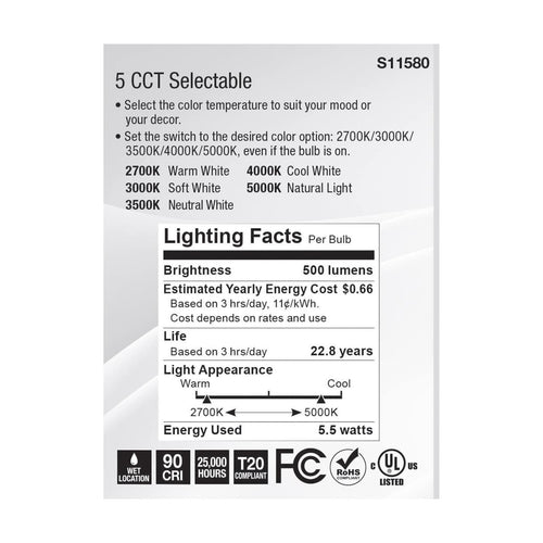 Satco S11580 5.5 Watt PAR20 LED Medium Base Silver Finish CCT Selectable 120 Volt