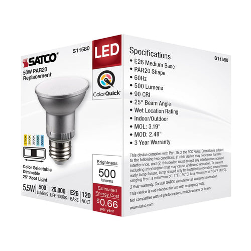 Satco S11580 5.5 Watt PAR20 LED Medium Base Silver Finish CCT Selectable 120 Volt