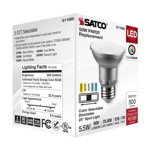 Satco S11580 5.5 Watt PAR20 LED Medium Base Silver Finish CCT Selectable 120 Volt