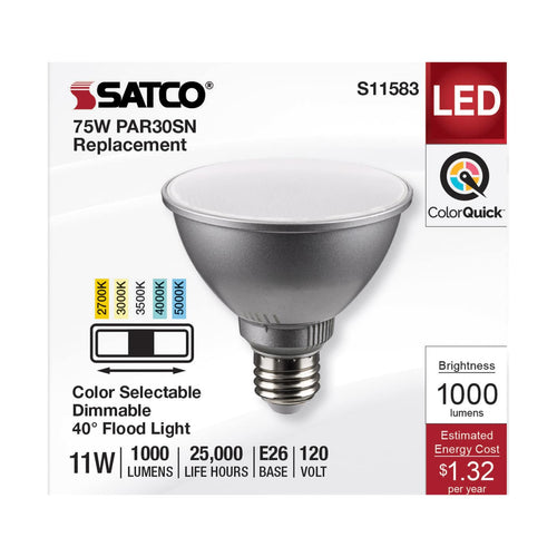 Satco S11583 11 Watt PAR30SN LED Medium Base Silver Finish CCT Selectable 120 Volt