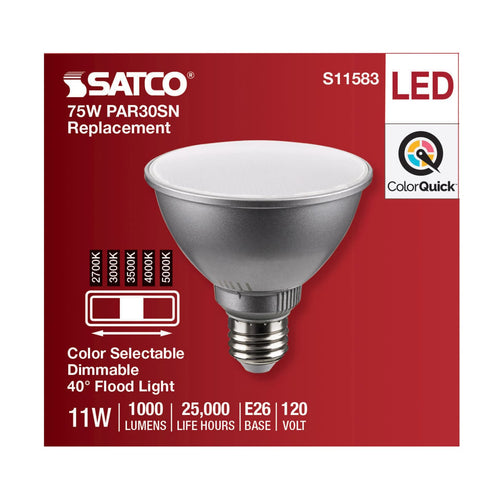 Satco S11583 11 Watt PAR30SN LED Medium Base Silver Finish CCT Selectable 120 Volt
