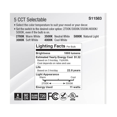 Satco S11583 11 Watt PAR30SN LED Medium Base Silver Finish CCT Selectable 120 Volt