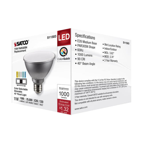 Satco S11583 11 Watt PAR30SN LED Medium Base Silver Finish CCT Selectable 120 Volt