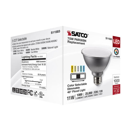 Satco S11583 11 Watt PAR30SN LED Medium Base Silver Finish CCT Selectable 120 Volt