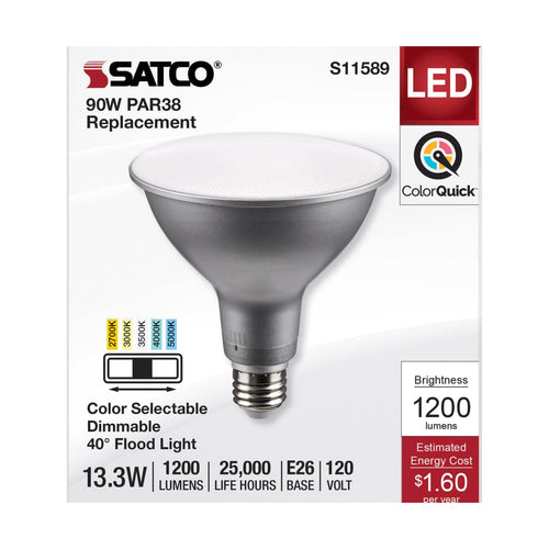 Satco S11589 13.3 Watt PAR38 LED Medium Base Silver Finish CCT Selectable 120 Volt