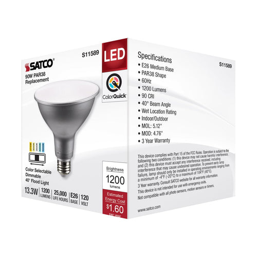 Satco S11589 13.3 Watt PAR38 LED Medium Base Silver Finish CCT Selectable 120 Volt