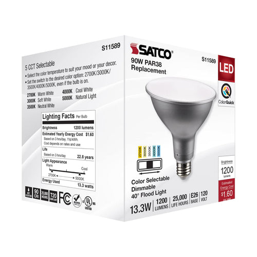 Satco S11589 13.3 Watt PAR38 LED Medium Base Silver Finish CCT Selectable 120 Volt