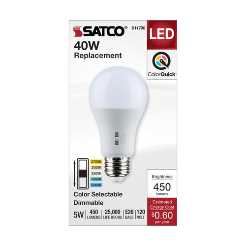 Satco S11790 5 Watt A19 LED Medium Base CCT Selectable 120 Volt White Finish