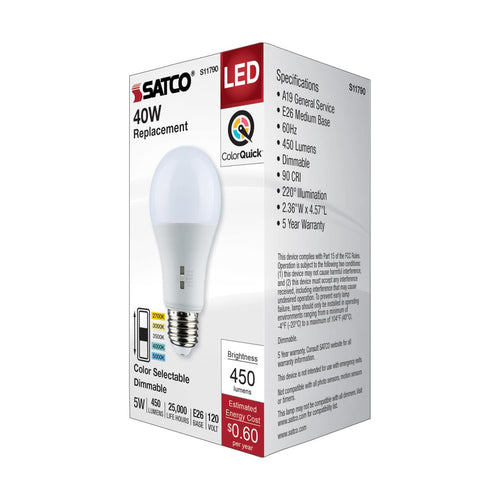 Satco S11790 5 Watt A19 LED Medium Base CCT Selectable 120 Volt White Finish