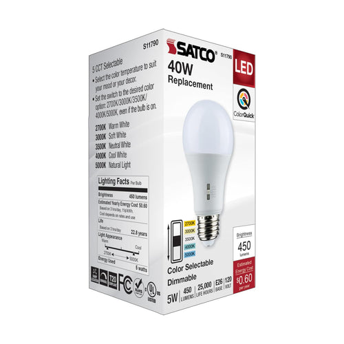 Satco S11790 5 Watt A19 LED Medium Base CCT Selectable 120 Volt White Finish