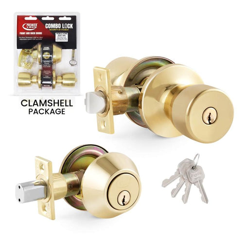 Grip Tight Tools  Combo Lock Entry Knob - Tulip Style and Deadbolt - Polished Brass Finish US3 - 4 KW1 Keys - 6 in 1 Drive - In Latch - Mobile Home