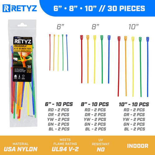RETYZ 6 Inch Mini, 8 Inch, and 10 Inch 5-Color Variety Pack Reusable Tie - 30 Pack