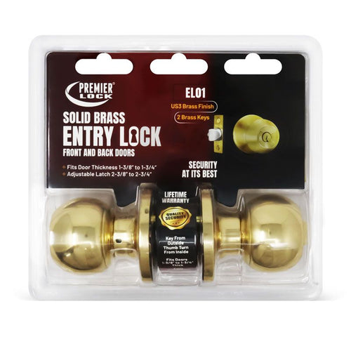Premier Lock Keyed Entry Door Knob With 2 KW1 Keys Adjustable Latch-Carded
